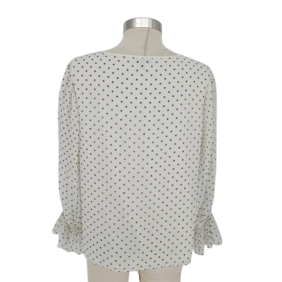 Talbots Blouse Off White Polka Dot Gathered Long Sleeve Keyhole Top Petite PL - Picture 7 of 9